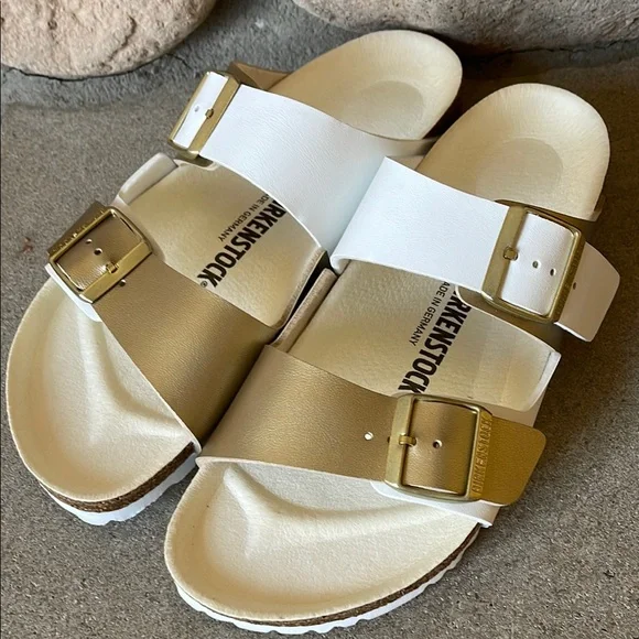 Birkenstock Arizona Split White and Gold Sandals Sz 10 M, 41 - Picture 10 of 13